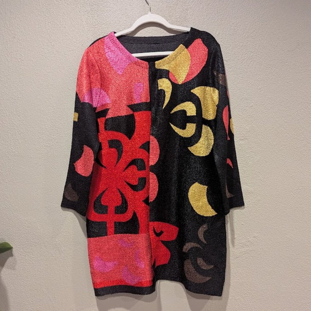 Geometric Print Crinkle Jacket – Tunic Length with Pockets
